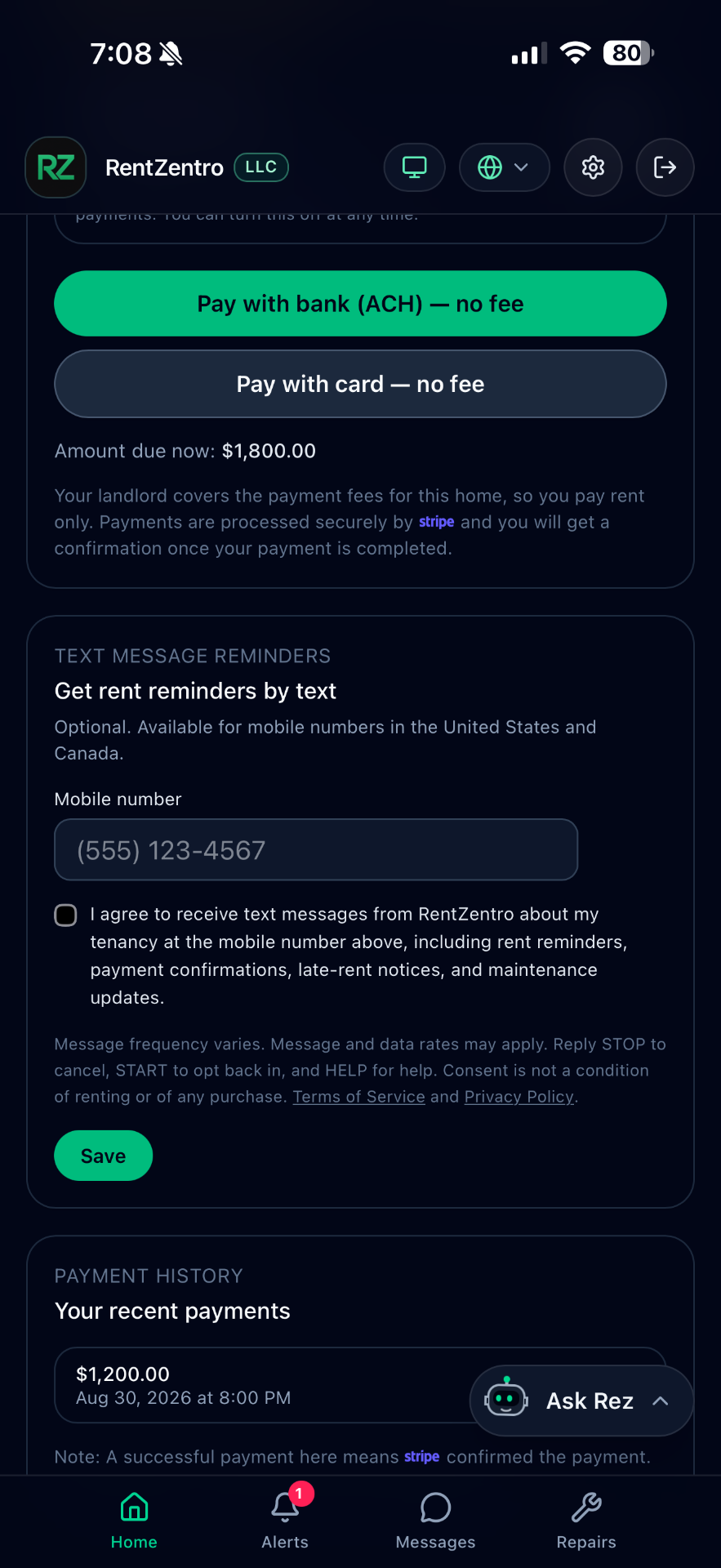 RentZentro tenant portal showing the text message reminders card with a mobile number field and an unchecked consent box
